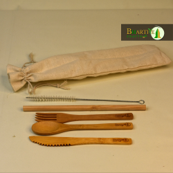 Bamboo Cutlery with Canvas Pouch | Handmade & Eco Friendly Reusable Travel Cutlery | Set of Spoon, Fork, Knife, Straws with Cleaner & Canvas Pouch