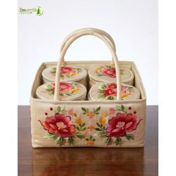 Bhartiye Crafts | Handmade Floral Embroidered Storage Basket with Containers | Cotton Organizer for Kitchen & Home Decor | Made by Jharkhand Artisans