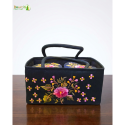 Bhartiye Crafts | Black Embroidered Fabric Storage Basket with Handle | Floral Organizer Box for Home Decor | Artisans from Jharkhand