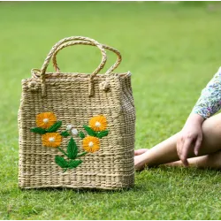 Handwoven Straw Tote Bag with Floral Embroidery