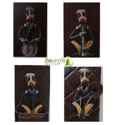 Handmade Bastar Art Tribal Musician Iron Wall Decor (Set of 4 Frames)