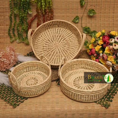 Sabai Grass Ratten Cane Basket Round Set Of 3 | Punjabi Lohri Special Festive Basket