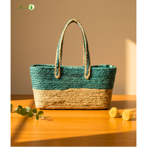 Bhartiye Crafts Handwoven Sabai Grass Veggie Bag – Natural & Green Tone