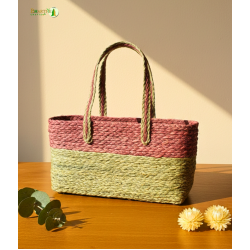 Bhartiye Crafts Handwoven Sabai Grass Veggie Bag – Natural & Red Tone