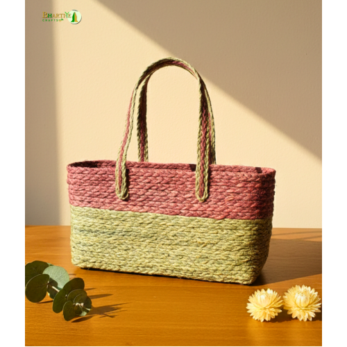 Bhartiye Crafts Handwoven Sabai Grass Veggie Bag – Natural & Red Tone
