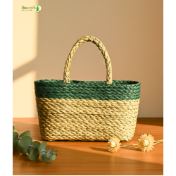 Bhartiye Crafts Handwoven Sabai Grass Market Bag – Natural & Green Accent