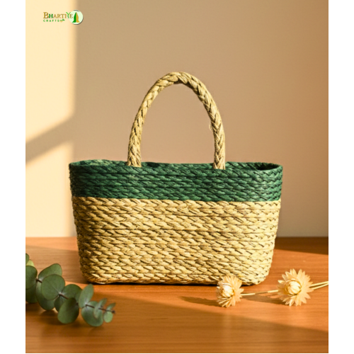 Bhartiye Crafts Handwoven Sabai Grass Market Bag – Natural & Green Accent