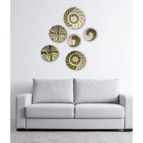 Handwoven Sabai Grass Wall Decor – Green & White Spiral Design Set Of 6