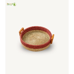 Bhartiye Crafts | Handmade Sabai Grass Round Tray with Wooden Handles | Eco-Friendly Basket| Odisha Artisans | Dimension- 8*3.5 (inches)