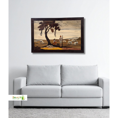 Handcrafted Rosewood Inlay Wall Art – Village Shepherd Scene (#WP0029)