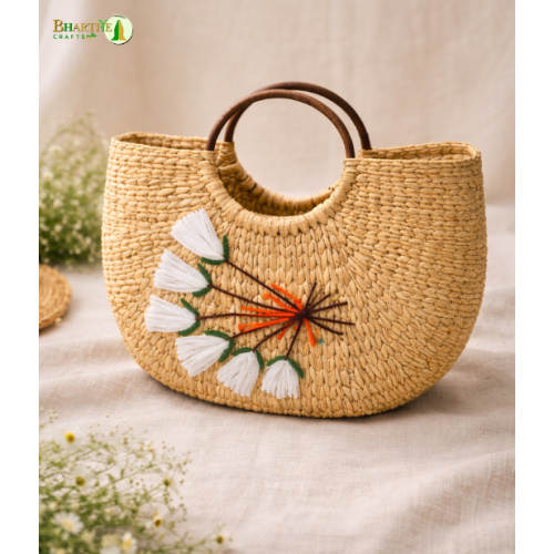 Bhartiye Crafts|Floral Embroidered Kauna Grass Handbag | Natural Handmade | Mainpur Northeast| Women's special