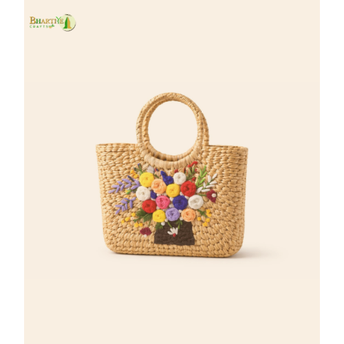Bhartiye Crafts|Embroidered kauna Grass Handbag  with Floral Design | Eco-Friendly Handbag | Mainpur Northeast| Women's special
