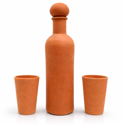 BHARTIYE CRAFTS Handmade Terracotta Water Bottle Set with 2 Glasses | Natural Cooling Clay Drinkware | Artisan Crafted